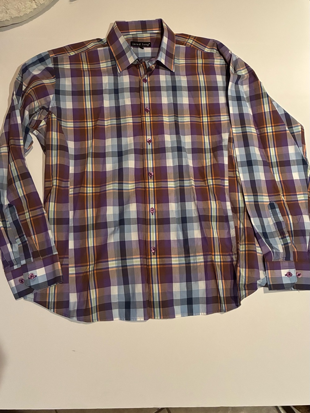 Jared Lang Purple, White and Brown Plaid Button-Down Shirt
